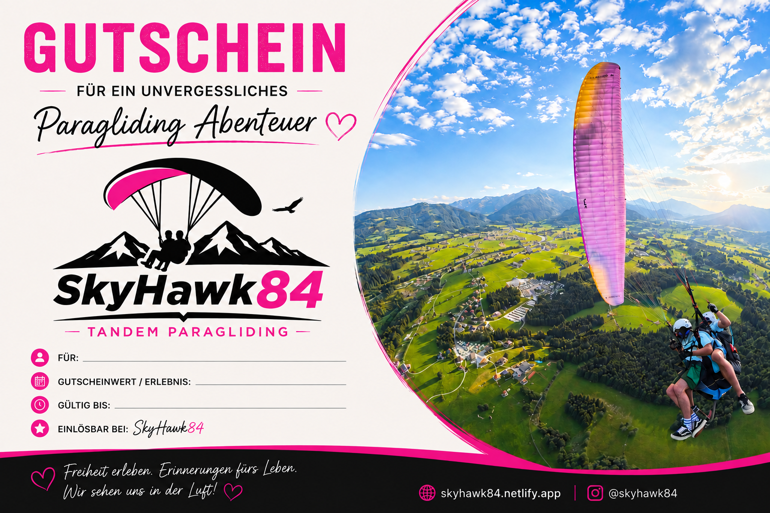 SkyHawk84 Gutschein für ein Paragliding Abenteuer